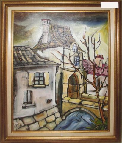 null Serge DAMIENS (né en 1954) 
"Village d'un été" 
Huile sur toile signée en bas...