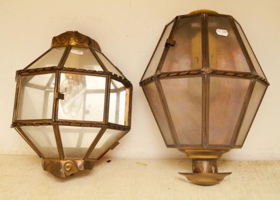 null Two embossed brass half-moon wall lights (one damaged) 