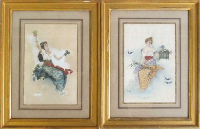 null A. MOREAUX "Spring" and "Autumn" Two watercolour drawings on paper signed at...