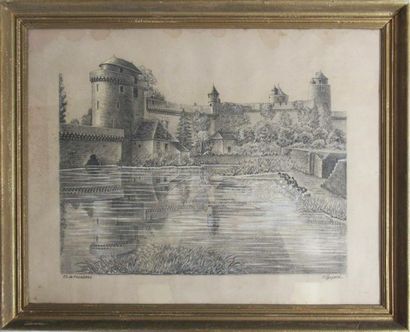 null E. GUYARD (1901-1970) "Lavandières au Chateau de Fougères" Dessin au crayon...