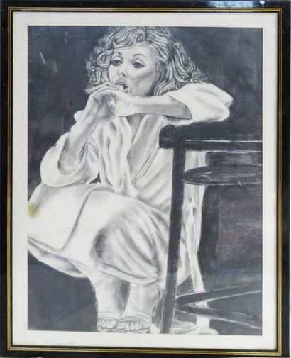 null Modern foreign school "Young girl with a chair" Charcoal on paper signed lower...
