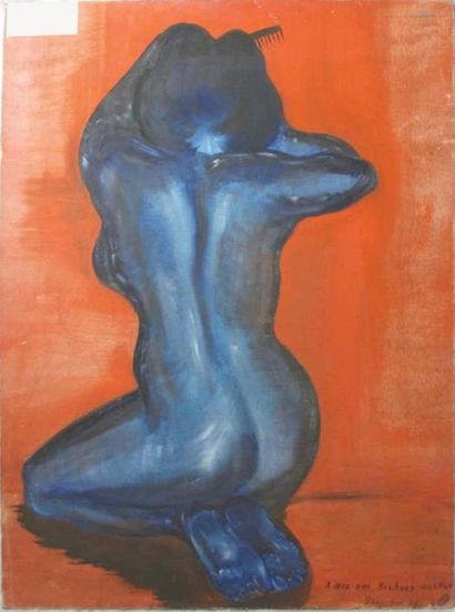 null Dany SIM "Nu bleu" Oil on canvas signed lower right and dedicated "To my friend...
