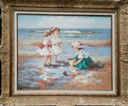 null E HUET (XXth) "The three friends" Oil on canvas signed lower right - 50 x 61...