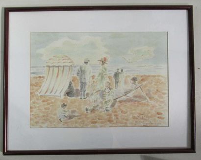 null Patrick Ollivier LAMARQUE "Cabine de plage" Watercolor on paper signed lower...