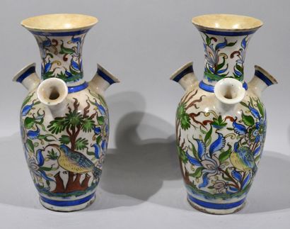 null Pair of stoneware TULIPETS in baluster shape with four mouths, with painted...