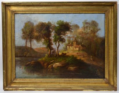 null 19th century FRENCH school

"Riverside Scene"

Oil on canvas.

(Reinterlining,...