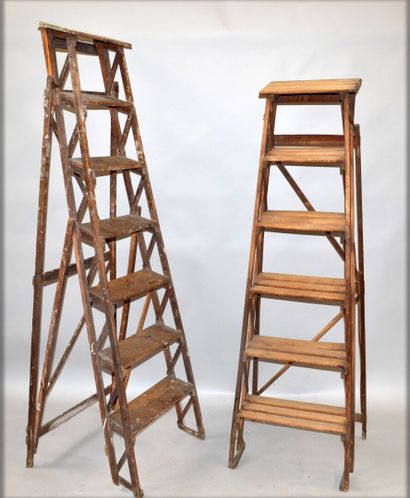null Two oak stepladders, one with five steps and the other with six steps Work from...