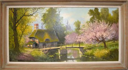 null R. LAMBERT (XXth)

"Riverside cottage"

Oil on canvas signed lower left.

60...