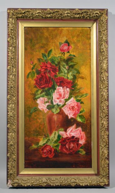 null A. SINCE (XXth)

"Roses in a terracotta vase on an entablature."

Oil on canvas...