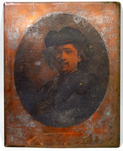 null PLAQUE A LITHOGRAPHIER en cuivre représentant l'autoportrait de Rembrandt gravé...
