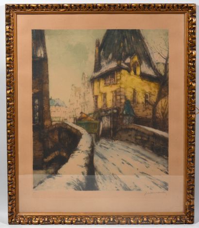 null Colour lithograph showing a view of a bridge signed lower right.

Sight size...