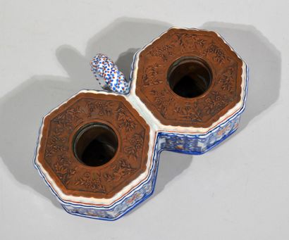 null LILLE - Double earthenware compartment with blue and red monochrome decoration,...