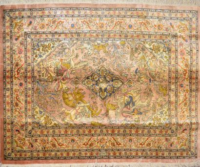 null IRAN, Ghoum

Hand-knotted silk carpet decorated with a hunting scene in a rectangular...