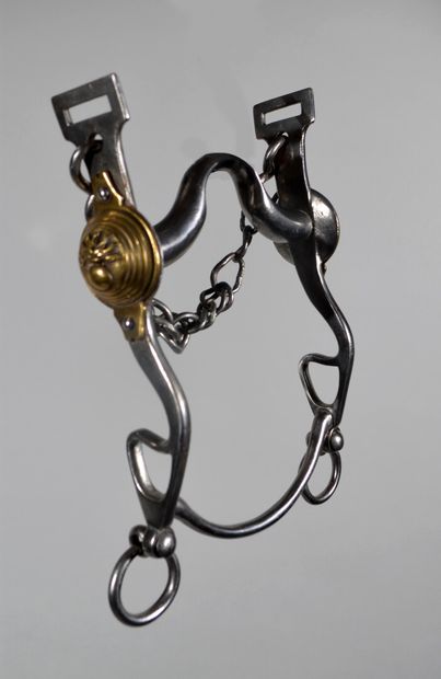 null Wrought iron gendarmerie officer's bridle bit. The smooth brass bosses appearing...