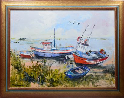 null Michel JOUENNE (Born in 1933)

"The rest of the trawlers". 

Oil on canvas signed...