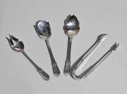 null Solid silver BONBON SERVICE COUPLES including a pair of tongs, a two-pronged...