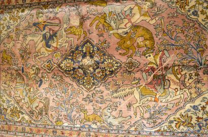 null IRAN, Ghoum

Hand-knotted silk carpet decorated with a hunting scene in a rectangular...