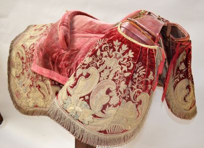 null SADDLE entirely covered with red velvet embroidered with flowery scrolls, foliage...