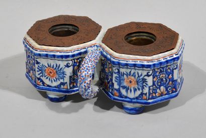 null LILLE - Double earthenware compartment with blue and red monochrome decoration,...
