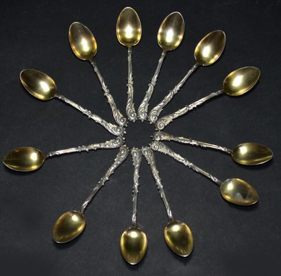 null SET OF 12 small silver and silver plate spoons decorated with foliage, spatula...