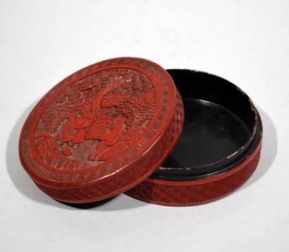 null Circular, carved red lacquer covered box, decorated with sages in discussion...