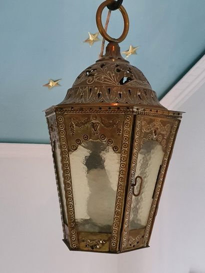 null Six-sided Lantern in brass sheet metal with decoration in light relief of flowered...