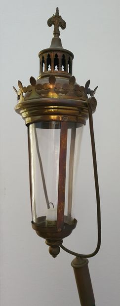 null Antique religious Lantern, in stamped brass and openwork in the shape of an...