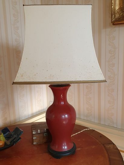 null Pair of oxblood red earthenware LAMPS resting on a blackened wooden base - The...