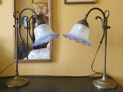 null Pair of brass LAMPS with offset arm and adjustable height holding two blue glass...