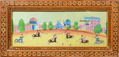 null Miniature orientale figurant une scène animée de cavaliers jouant au polo, dans...