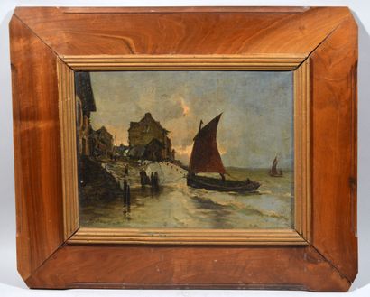 null Max D'ELHROUGNE (XIX)

"Barque en bord de village"

Huile sur toile signée en...
