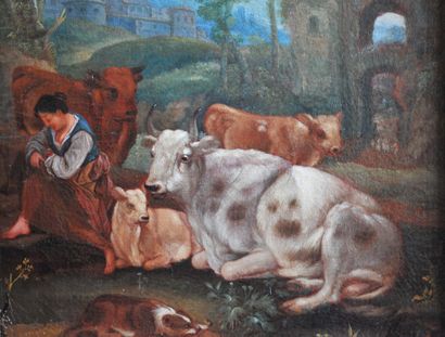 null Jean-Baptiste HUET (1745-1811) Dans le goût de,

 "La gardienne de vaches" 

Huile...