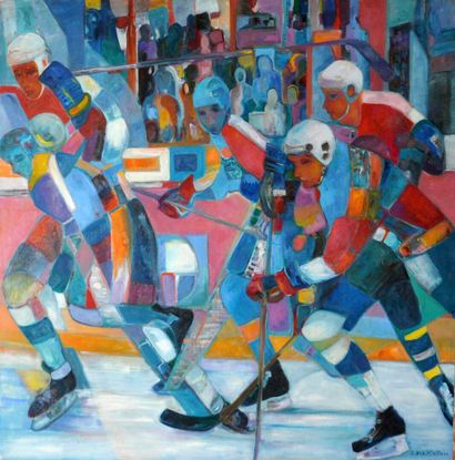 null Irène DES MINIERES (XXe siècle) 

" Les joueurs de hockey sur glace" 

Huile...