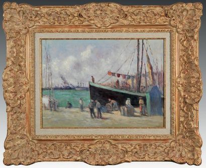 Maximilien LUCE (1858-1941) Bateau à quai Huile sur toile signée en bas à droite...