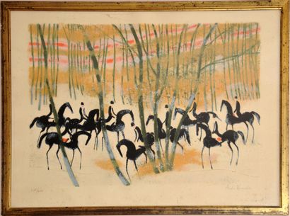 null André BRASILIER (né en 1929)

"Cavaliers dans la forêt » 

Lithographie en couleurs...