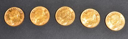 Cinq pièces de 20 Francs or Croix Suisse...