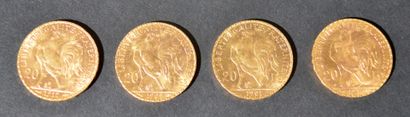 null Quatre pièces de 20 Francs or au Coq de Chaplain 1909, 1901, 1914 et 1912