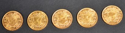  Cinq pièces de 20 Francs or Croix Suisse 1930 (x2), 1911, 1935 et 1922