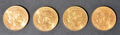 null Quatre pièces de 20 Francs or au Coq de Chaplain 1909, 1901, 1914 et 1912