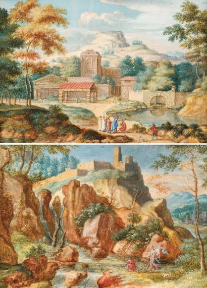 École Française du XIXe siècle Deux scènes bibliques Gouaches sur papier. Haut. :...