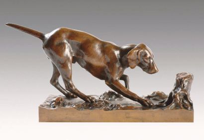 Antoine-Louis BARYE (1795 - 1875) Chien d'arrêt Bronze à patine brune. Édition posthume...