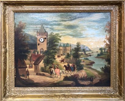 null TABLEAU HORLOGE agrémenté d'une huile sur toile représentant "Une vue de village...