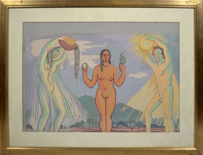 null Robert HUE (1909-1977)

"Eve entourée de l'Allégorie de l'Eau et du Soleil"

Gouache...