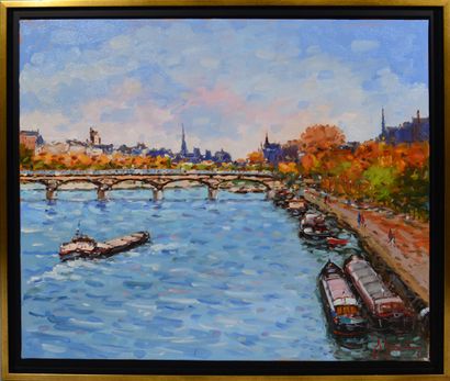null Guy LEGENDRE (né en 1946) "Le Seine le pont des Arts" Huile sur toile signée...
