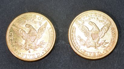 Deux pièces de 5 dollars or US Liberty 1893...