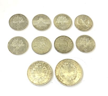 null Réunion de pièces en argent comprenant : 

- 8 pièces de 100 Francs 1984, 1986,...