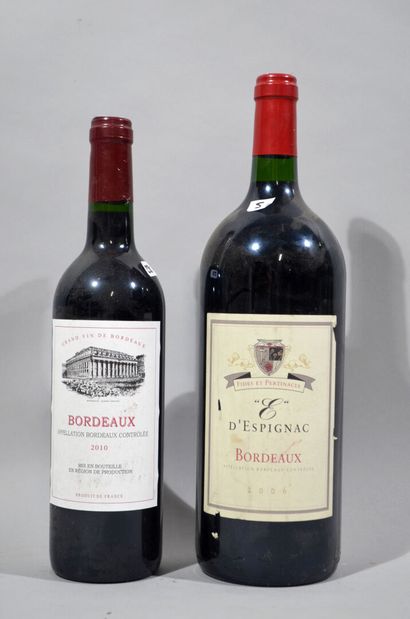 null Lot comprenant un magnum de "E" d'Espignac 2006, une bouteille de Bordeaux 2010...