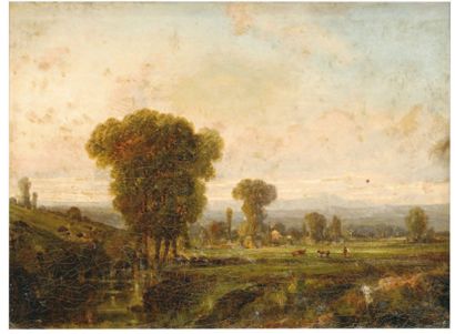 Victor DUPRE (1816-1879) Vue des environs de Coigné Huile sur toile signée en bas...