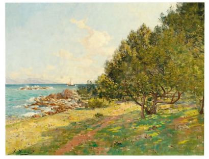 Adrien JOURDEUIL (1849-1907) Bord de mer Huile sur toile signée en bas à gauche....