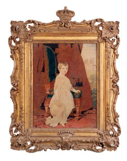 null Portrait du Comte de Paris enfant Tissu polychrome Cadre en plâtre redoré ajouré....